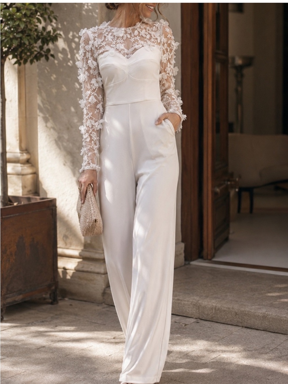 Dress the Population Mila Long Sleeve White Lace Jumpsuit 3d flowers